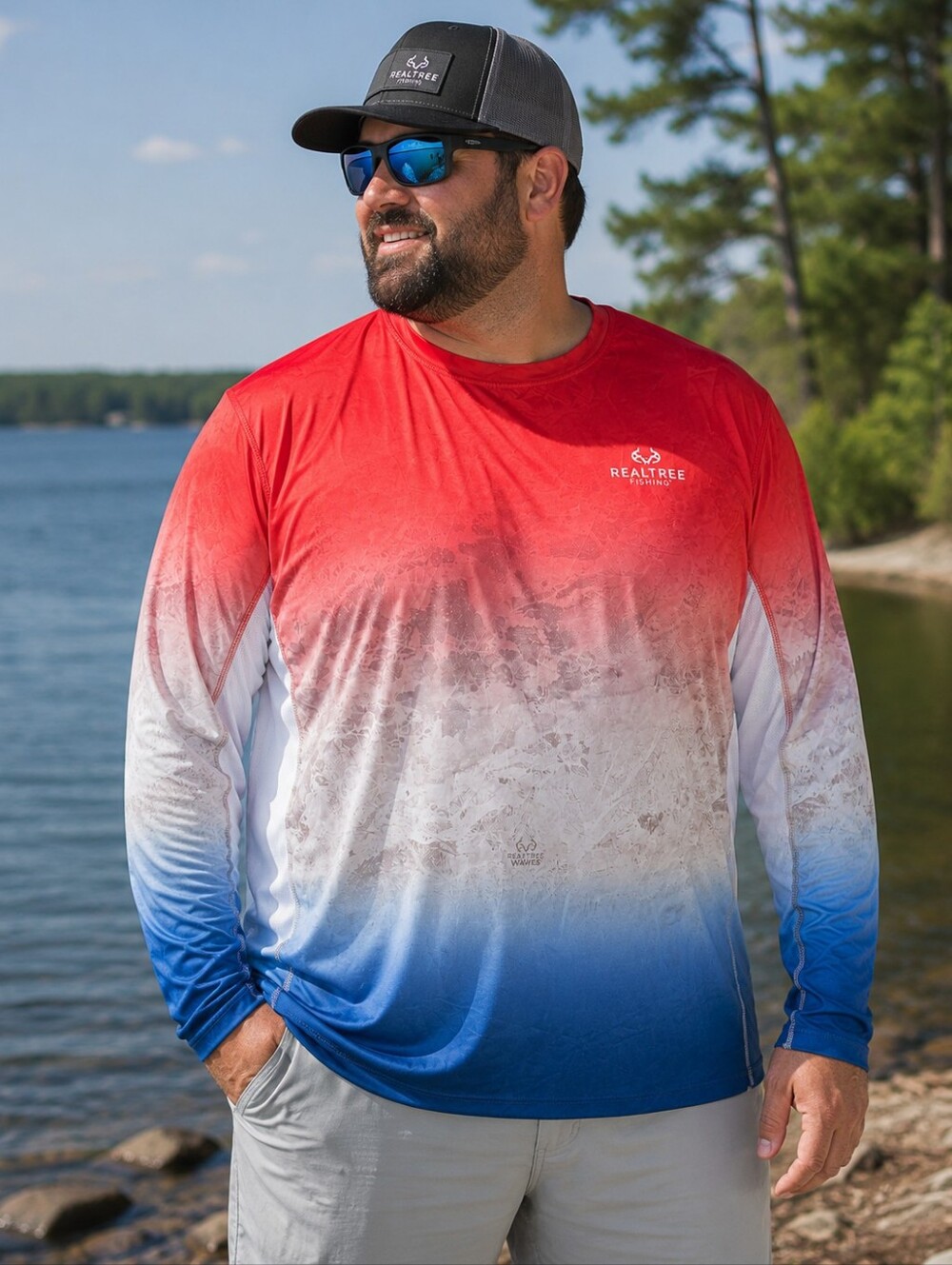 Realtree Fishing Performance Shirt 2XL Red White Blue Long Sleeve UV Protection